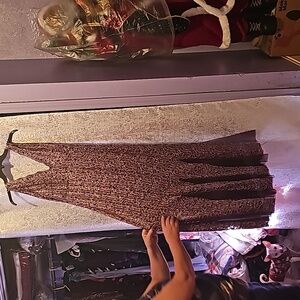 Maroon and gold dress.